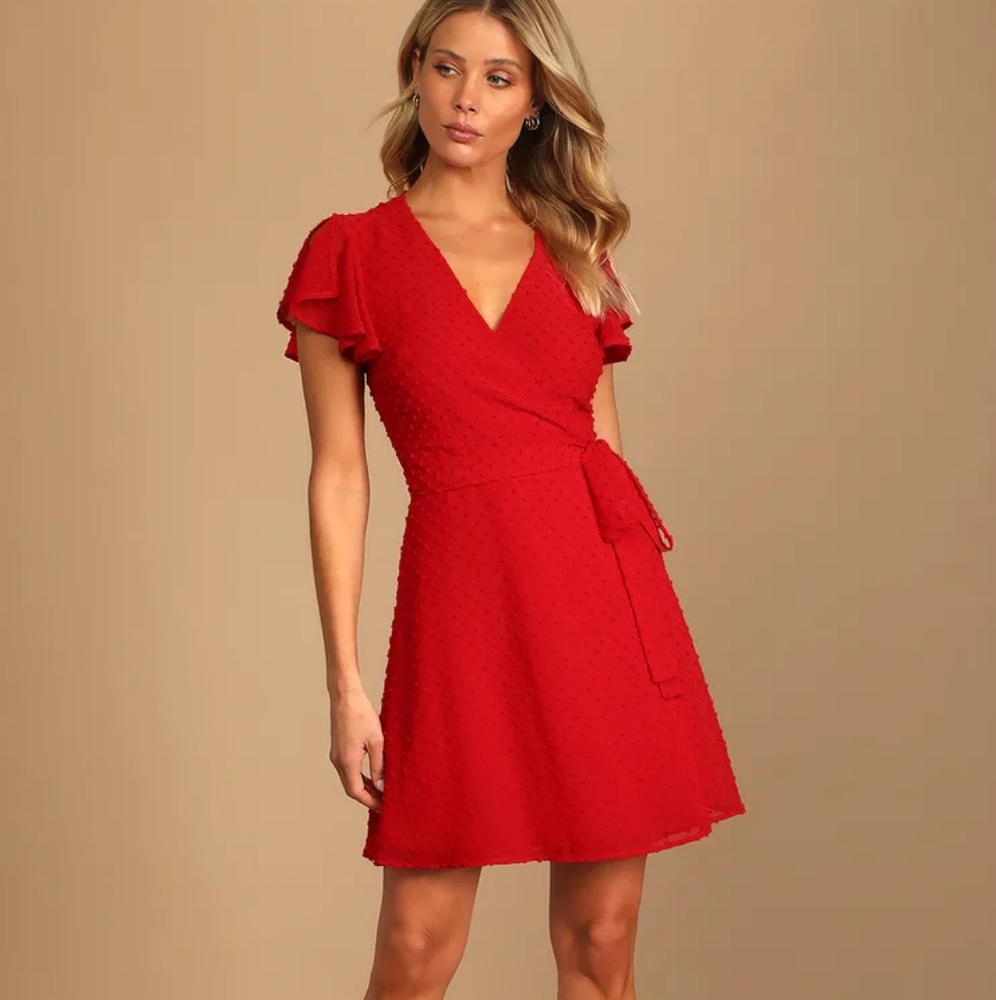 Lulu's Much to Celebrate Red Swiss Dot Flutter Sleeve Wrap Mini Dress